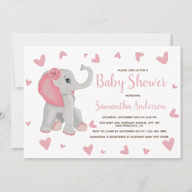 Cute Pink Elephant Watercolor Baby Shower Photo I Invitation (Front)