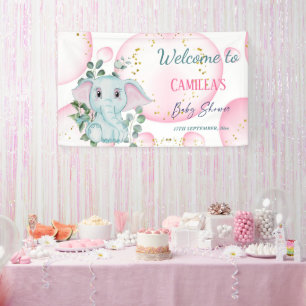 Cute Pink Elephant with Eucalyptus Welcome Banner