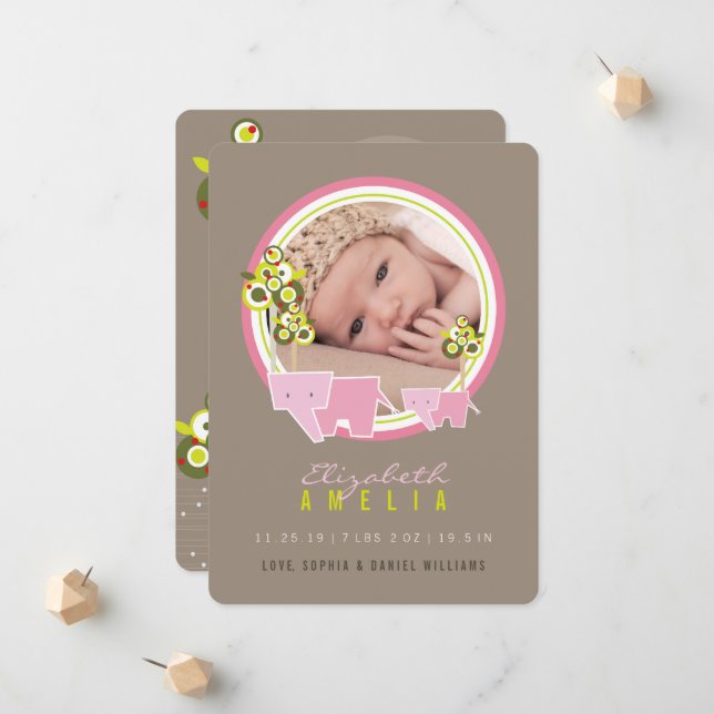 Cute Pink Elephants Family Baby Girl Photo Birth Announcement (Front/Back In Situ)