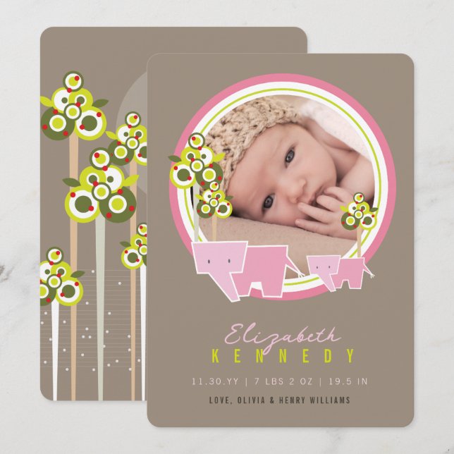 Cute Pink Elephants Family Baby Girl Photo Birth Announcement (Front/Back)