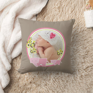 Cute Pink Elephants Forest Baby Girl Photo Cushion