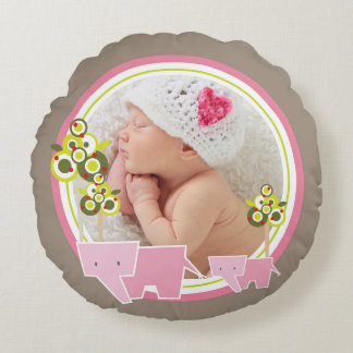 Cute Pink Elephants Forest Baby Girl Photo Round Cushion