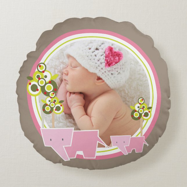 Cute Pink Elephants Forest Baby Girl Photo Round Cushion (Front)