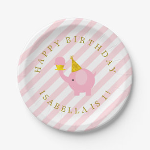 Cute Pink Elephants Personalised Birthday Party Paper Plate