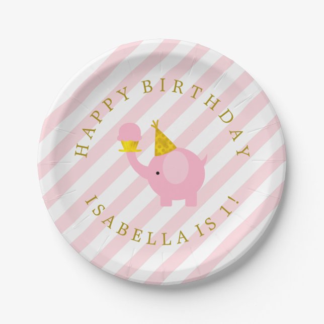 Cute Pink Elephants Personalised Birthday Party Paper Plate (Front)