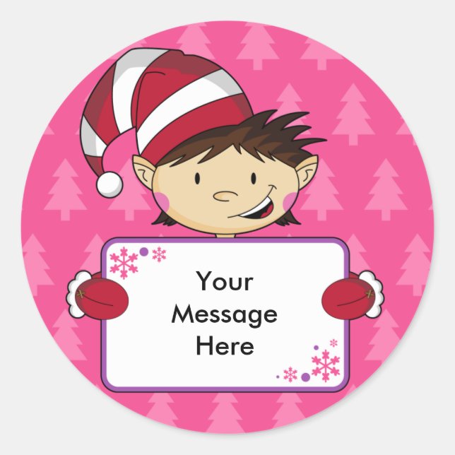 Cute Pink Elf Christmas Gift Tag Sticker (Front)