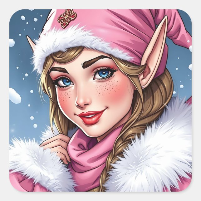 Cute Pink Elf Christmas Square Sticker (Front)