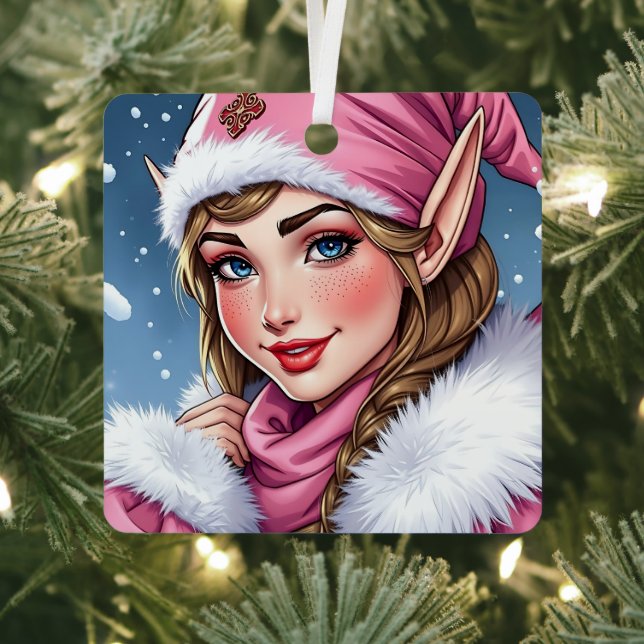 Cute Pink Elf Festive Christmas  Metal Tree Decoration (Insitu)