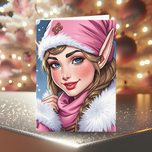 Cute Pink Elf Merry Christmas Card
