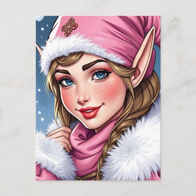Cute Pink Elf | Merry Christmas Personalised Holiday Postcard (Front)