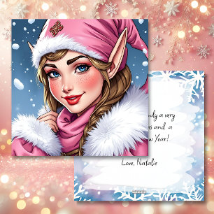 Cute Pink Elf Merry Christmas Personalized Holiday Card