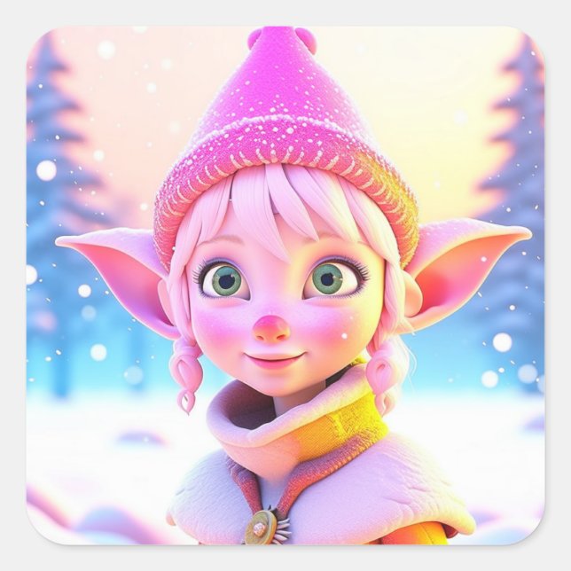 Cute Pink Elf Whimsical Christmas Square Sticker (Front)