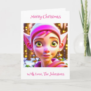 Cute Pink Elf Whimsical Personalised Christmas Card