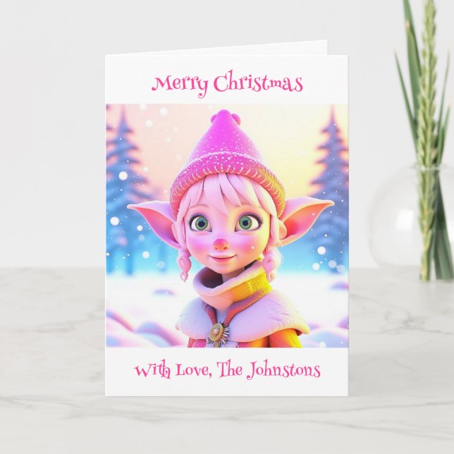 Cute Pink Elf Whimsical Personalised Christmas Card (Front)