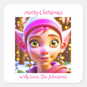 Cute Pink Elf Whimsical Personalised Christmas Square Sticker