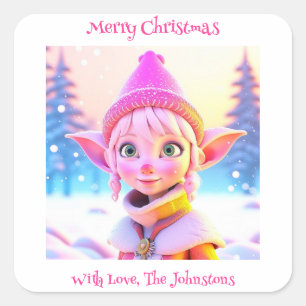 Cute Pink Elf Whimsical Personalised Christmas Square Sticker