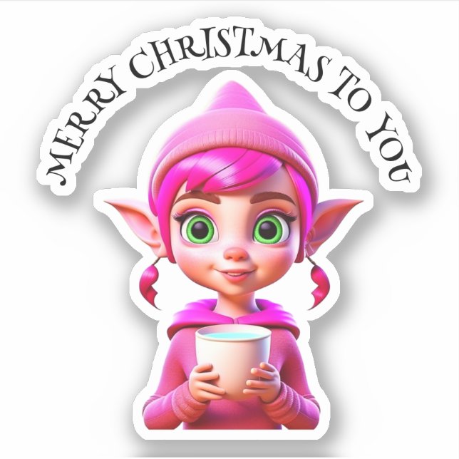 Cute Pink Elf with Coffee or Cocoa Christmas (Front)