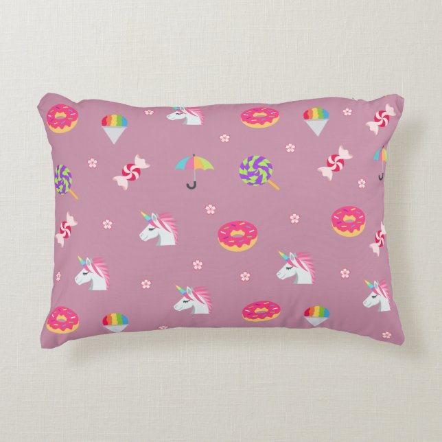 cute pink emoji unicorns candies flowers lollipops decorative cushion (Front)