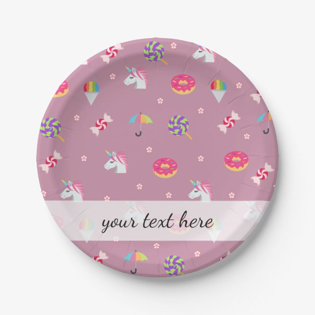 cute pink emoji unicorns candies flowers lollipops paper plate (Front)