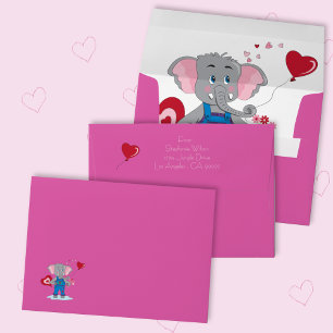 Cute Pink Envelope Cartoon Elephant and Hearts 