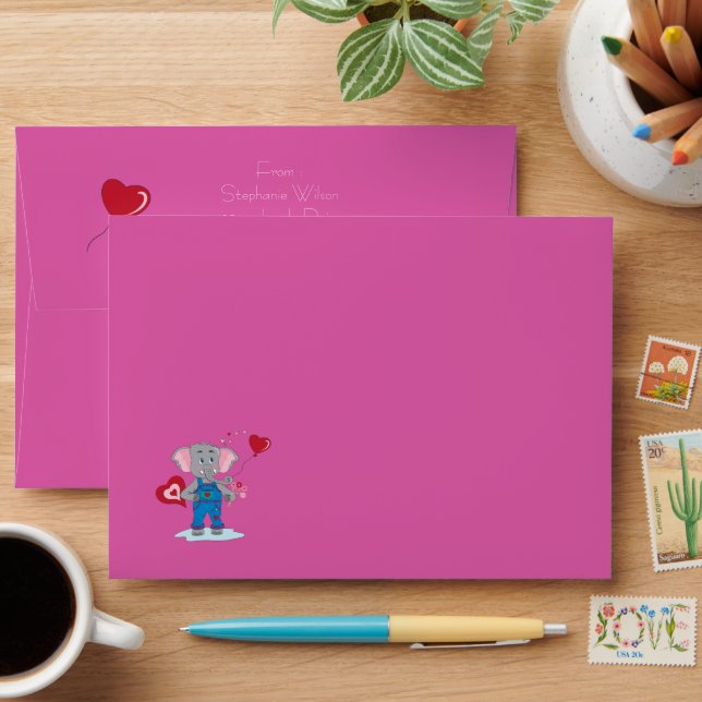 Cute Pink Envelope Cartoon Elephant and Hearts  (Desk)