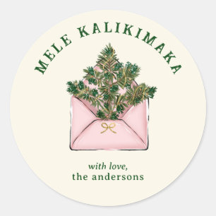 Cute Pink Envelope Holly Greenery Mele Kalikimaka  Classic Round Sticker