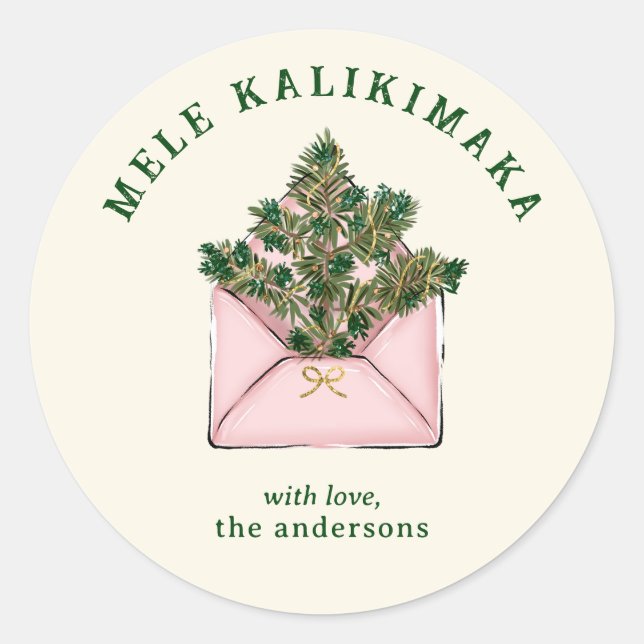 Cute Pink Envelope Holly Greenery Mele Kalikimaka  Classic Round Sticker (Front)