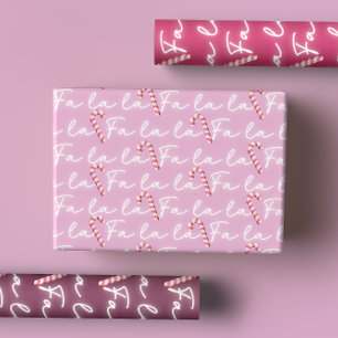 Cute Pink Fa La La Whimsical Candy Cane Christmas  Wrapping Paper Sheet