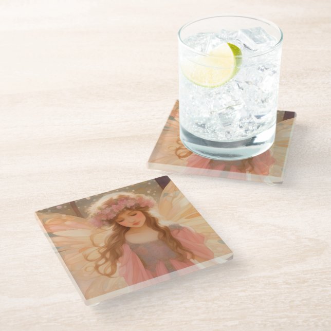 Cute Pink Fairy Fantasy Painting Glass Coaster (Angled)