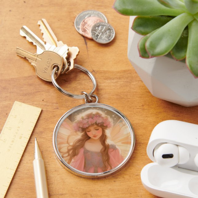 Cute Pink Fairy Fantasy Painting Key Ring (Desk)