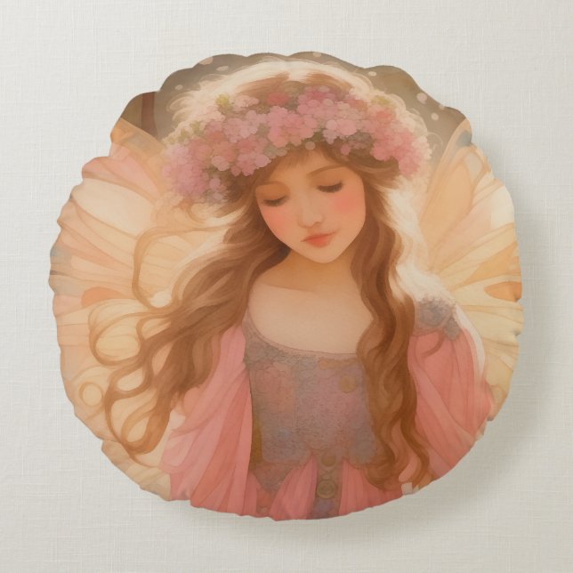 Cute Pink Fairy Fantasy Painting Round Cushion (Front)