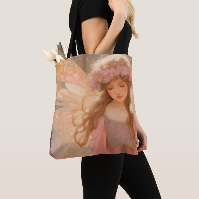 Cute Pink Fairy Fantasy Painting Tote Bag (Close Up)