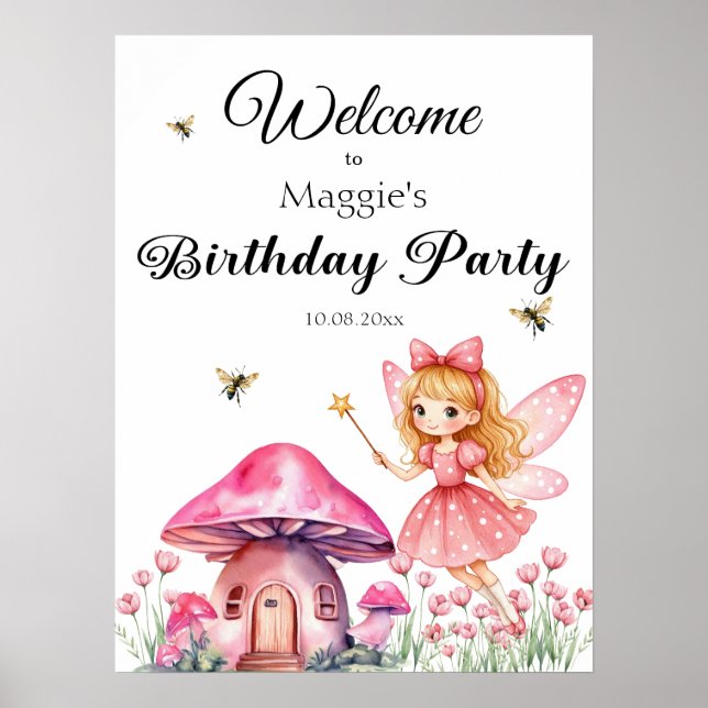 Cute Pink Fairy Mushrooms Birthday Party Poster (Front)