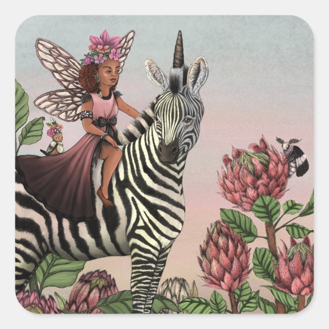 Cute Pink Fairy on Zebra Unicorn Floral Art  Square Sticker (Front)