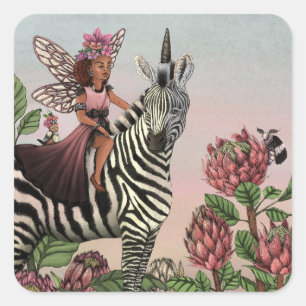 Cute Pink Fairy on Zebra Unicorn Floral Art  Square Sticker