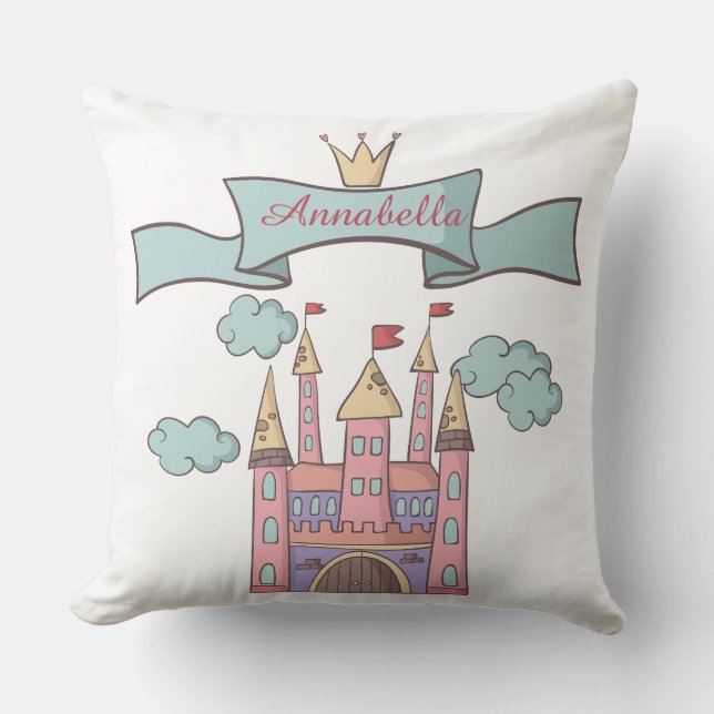 Cute Pink Fairy Tale Princess Castle Custom Name Cushion (Front)