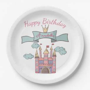 Cute Pink Fairy Tale Princess Castle Custom Name Paper Plate