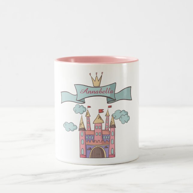 Cute Pink Fairy Tale Princess Castle Custom Name Two-Tone Coffee Mug (Center)