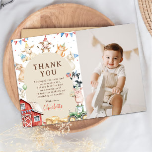 Cute Pink Farm Animals 1st Birthday Photo Thank You Card