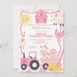 Cute Pink Farm Animals Three-I-E-I-O Girl Birthday Invitation