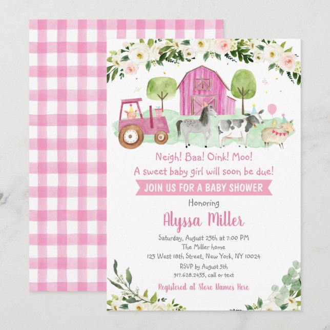 Cute Pink Farm Baby Shower Invitation (Front/Back)
