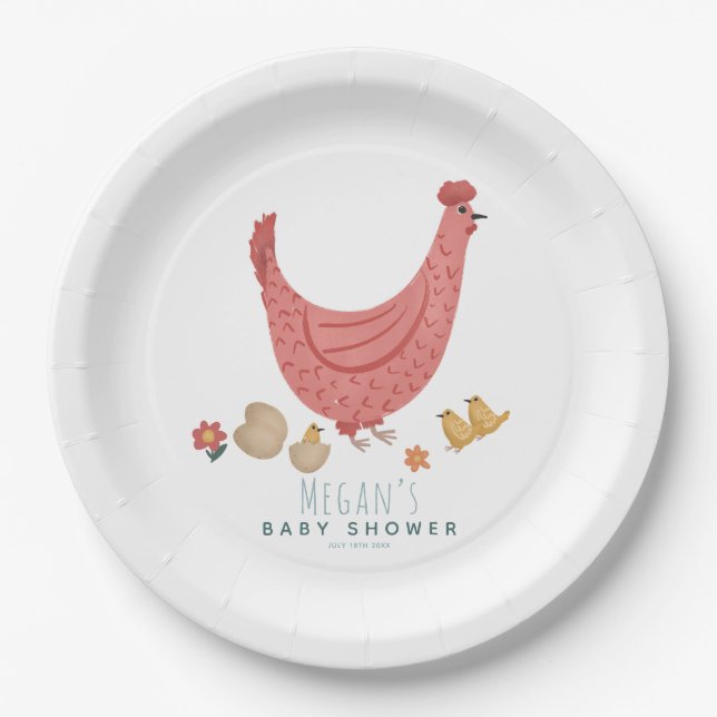 Cute Pink Farm Chicken Girls Baby Shower Paper Plate (Front)