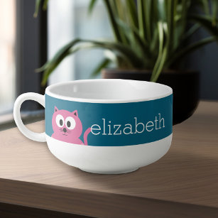 Cute Pink Fat Cat - Blue Background Soup Mug