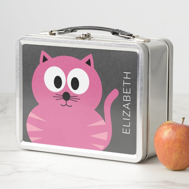 Cute Pink Fat Cat - Grey Background and Name Metal Lunch Box (In Situ)