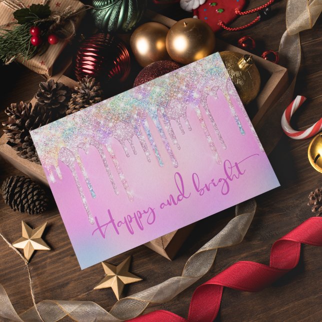 Cute Pink faux Glitter Drips Christmas monogram Postcard (Creator Uploaded)