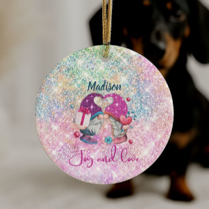 Cute pink faux glitter gnome Christmas monogram Ceramic Tree Decoration