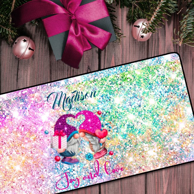 Cute pink faux glitter gnome Christmas monogram Desk Mat (Creator Uploaded)