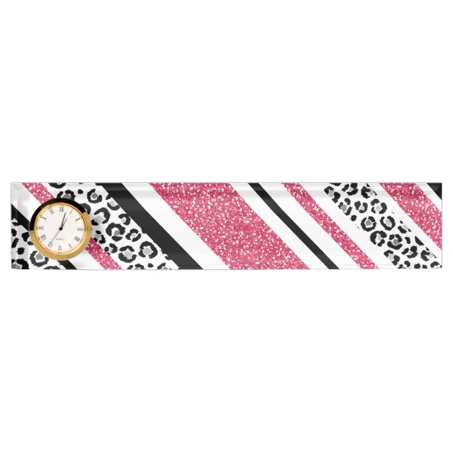 Cute pink faux glitter leopard print stripes nameplate (Front)