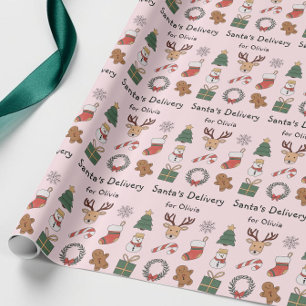 Cute Pink Festive Kids Christmas Holiday Pattern Wrapping Paper