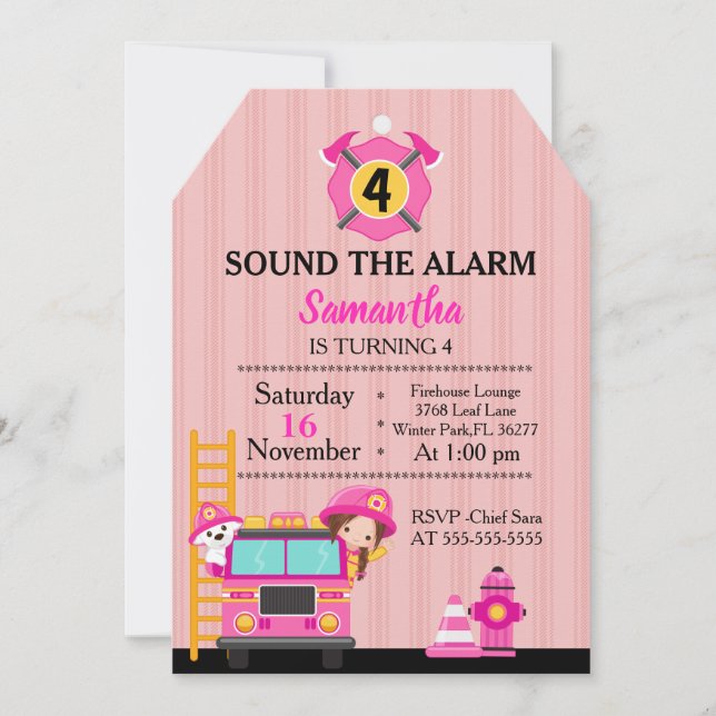 Cute Pink Firefighter Birthday Invitation (Front)